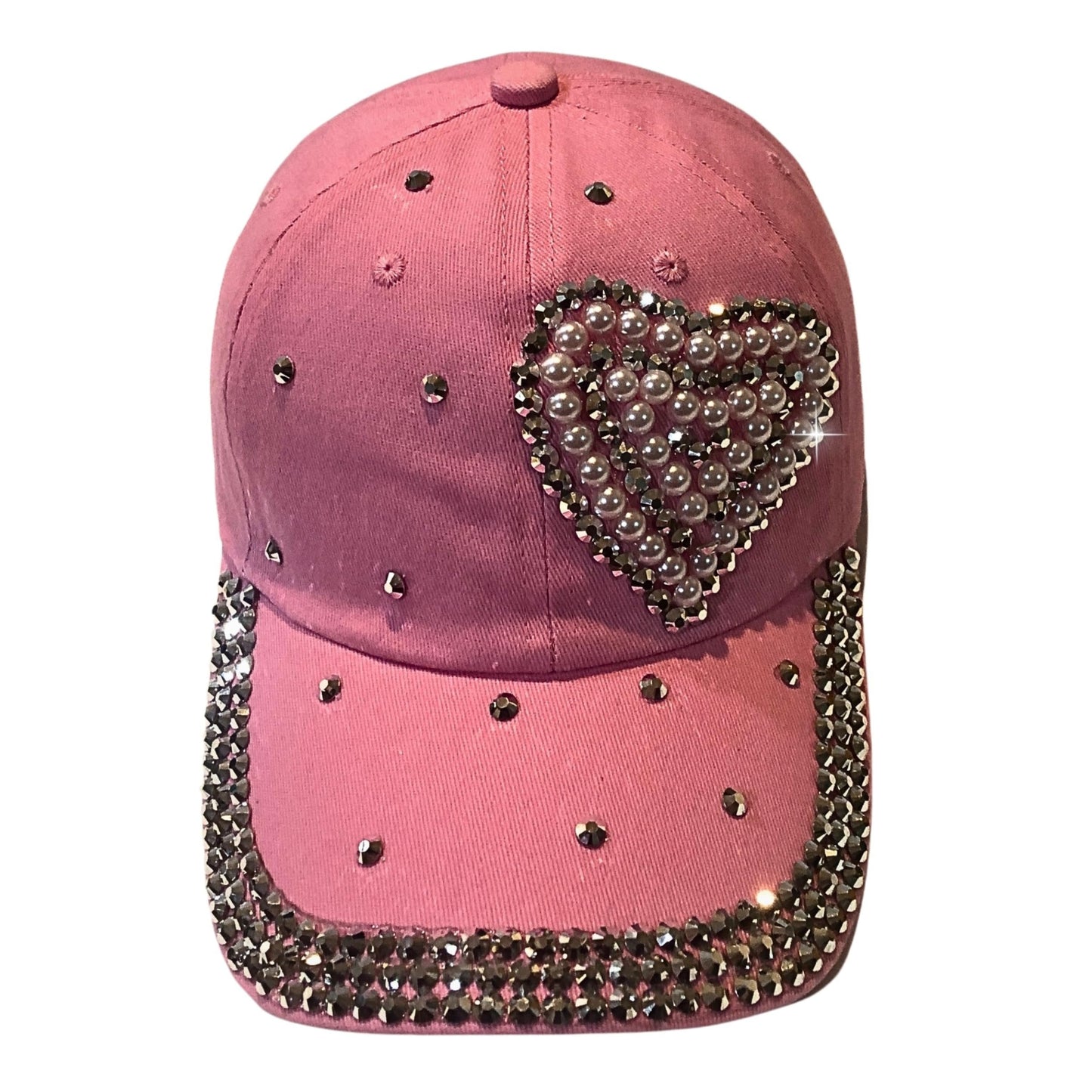 Popfizzy Pearl Heart Hat with Rhinestones for Women, Bling Heart Accessories, Bedazzled Baseball Cap, Bling Gifts for Women