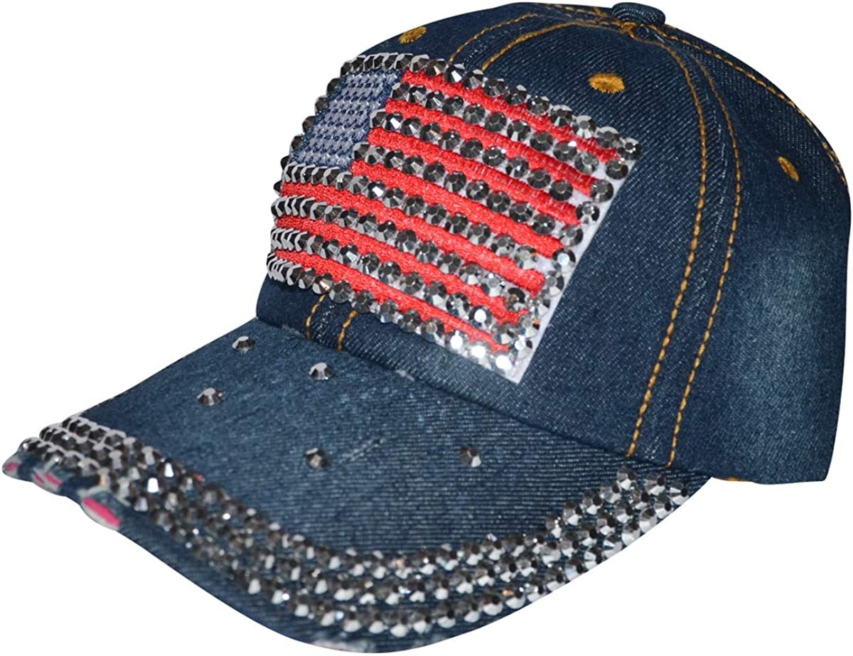 American Flag Hat Women’s Distressed Rhinestone Patriotic Baseball Cap