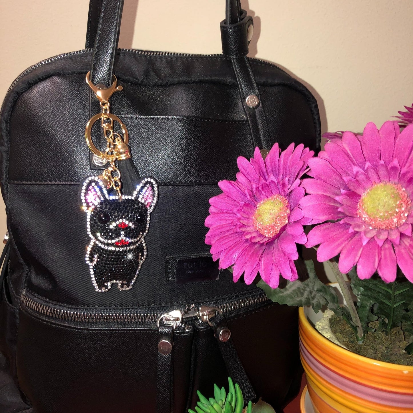 Popfizzy Handmade Black French Bulldog Keychains for Women, Rhinestone Purse Charms for Handbags, Dog Gifts for Dog Lovers