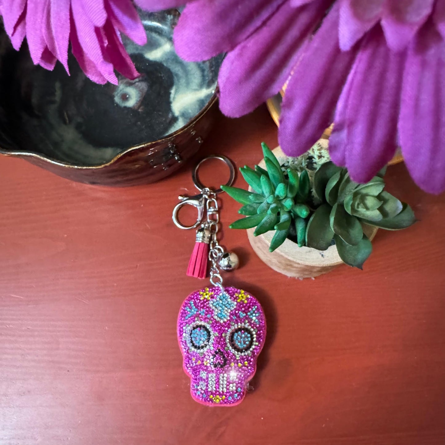 Popfizzy Pink Sugar Skull Keychain for Women, Rhinestone Skull Purse Charms for Handbags, Bedazzled Skull Gifts for Women