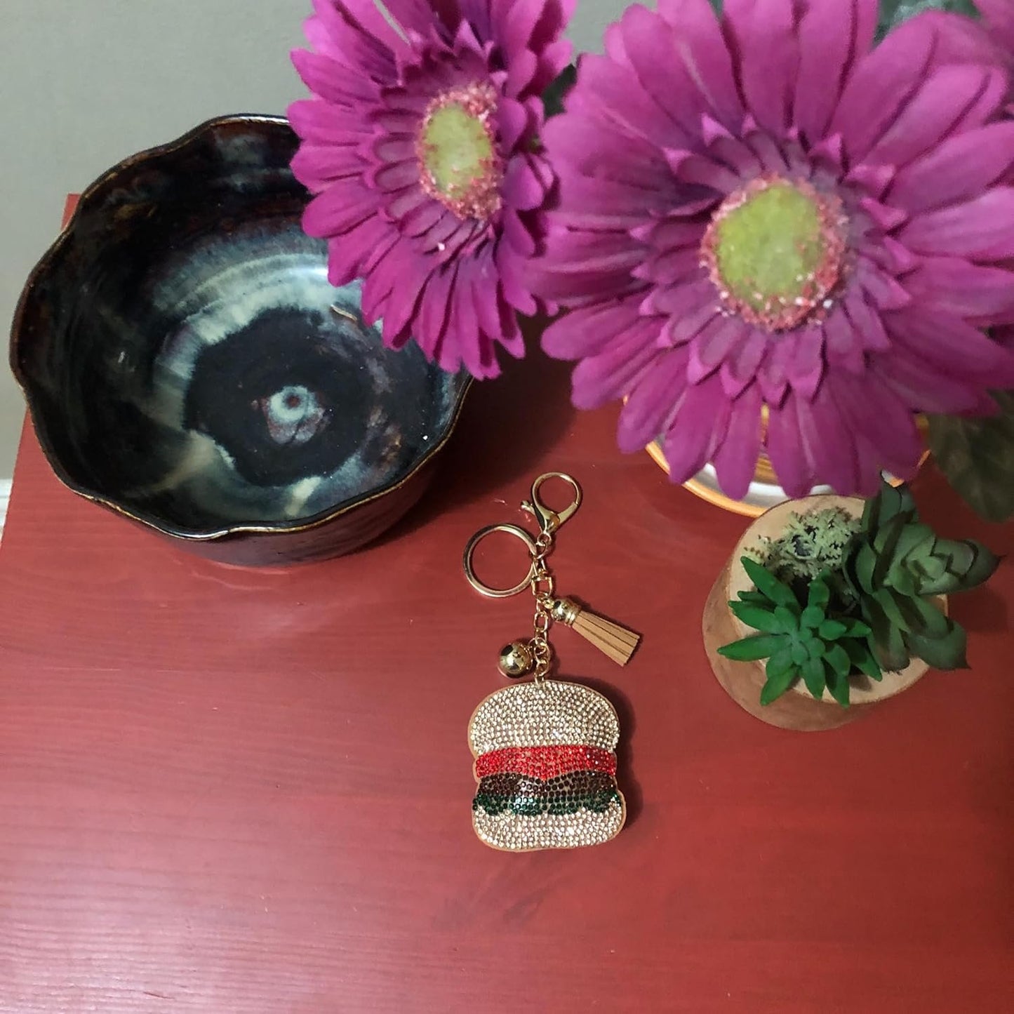Popfizzy Bling Hamburger Keychain, Purse Charm, Backpack Charm, Crystal Bag Charms, Rhinestone Key Fob