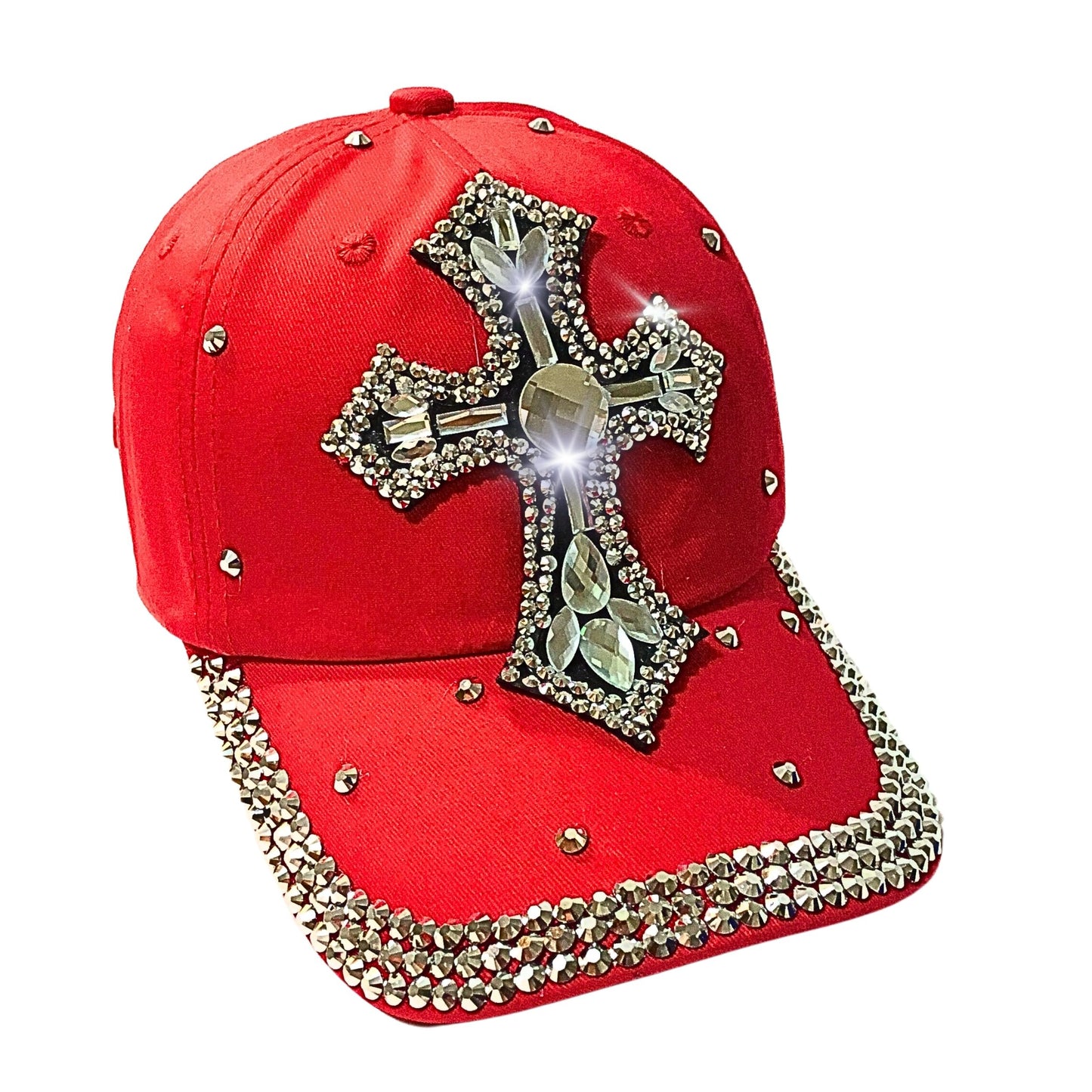 Popfizzy Bedazzled Cross Hat for Women, Rhinestone Hat with Cross on It, Bling Christian Hats, Bling Gifts for Women (Red)