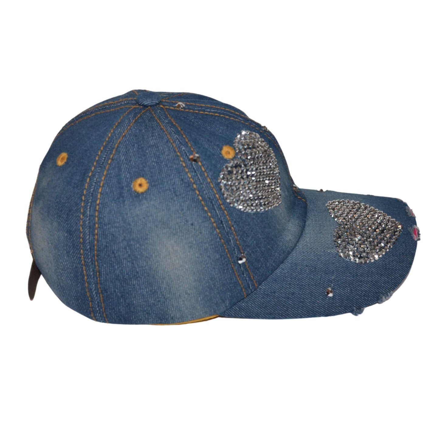 Popfizzy Bling Hat with Hearts for Women and Girls, Rhinestone Heart Hat, Bedazzled Baseball Caps, Fancy Bejeweled Hats, Distressed Denim Hat, Bling Gift for Women