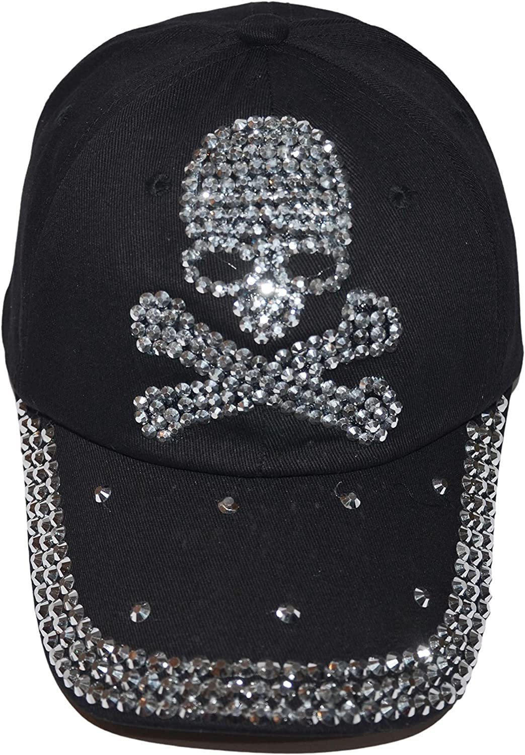 Popfizzy Skull Hat for Women and Girls, Biker Trucker Hat, Rhinestone Sparkle Bling Black Baseball Caps, Pirate Hat