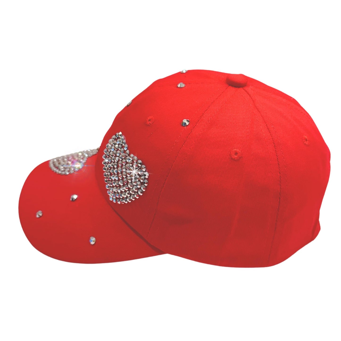 Popfizzy Rhinestone Baseball Cap for Women and Girls, Cute Bedazzled Hats, Shiny Bling Denim and Diamond Hat, Red Heart