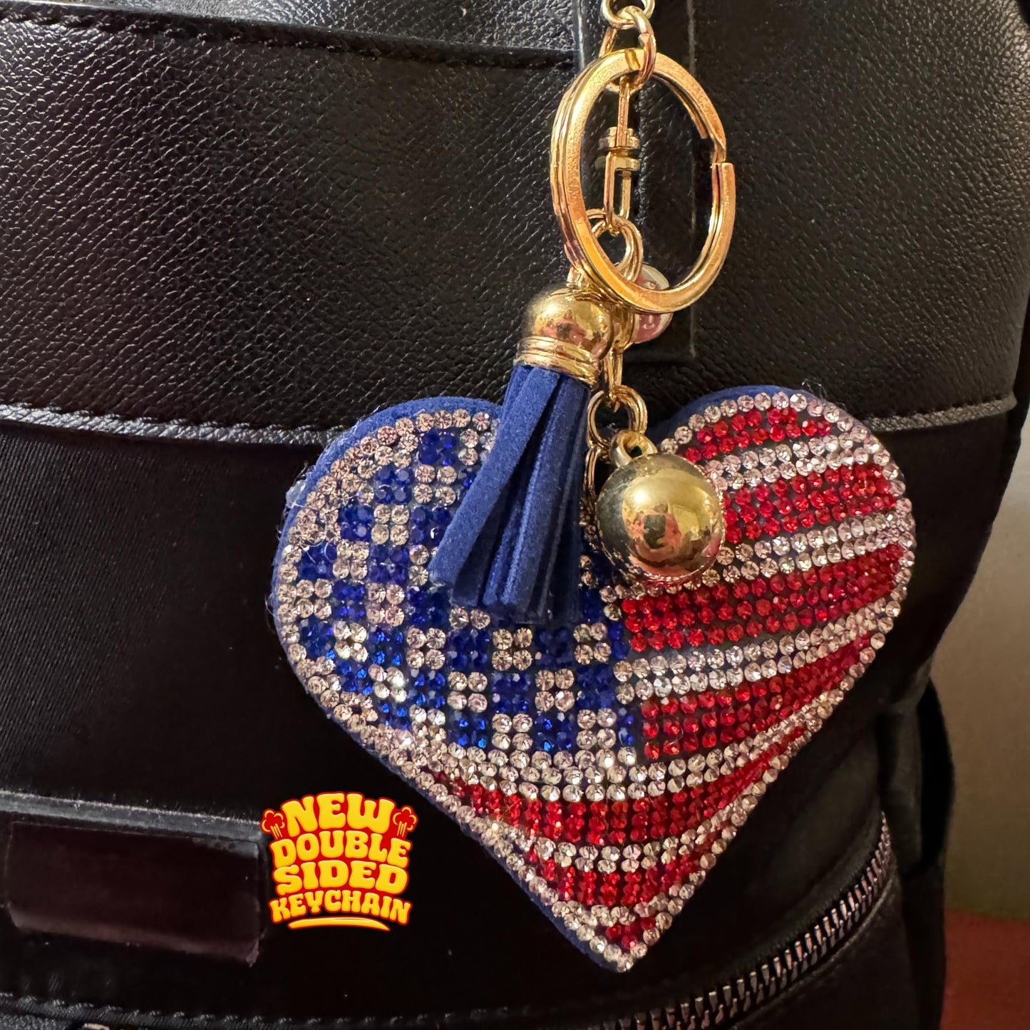 Popfizzy Bling American Flag Keychain for Women and Girls, Purse Charm, Heart Bag Charm, American Flag Gifts, Double Sided