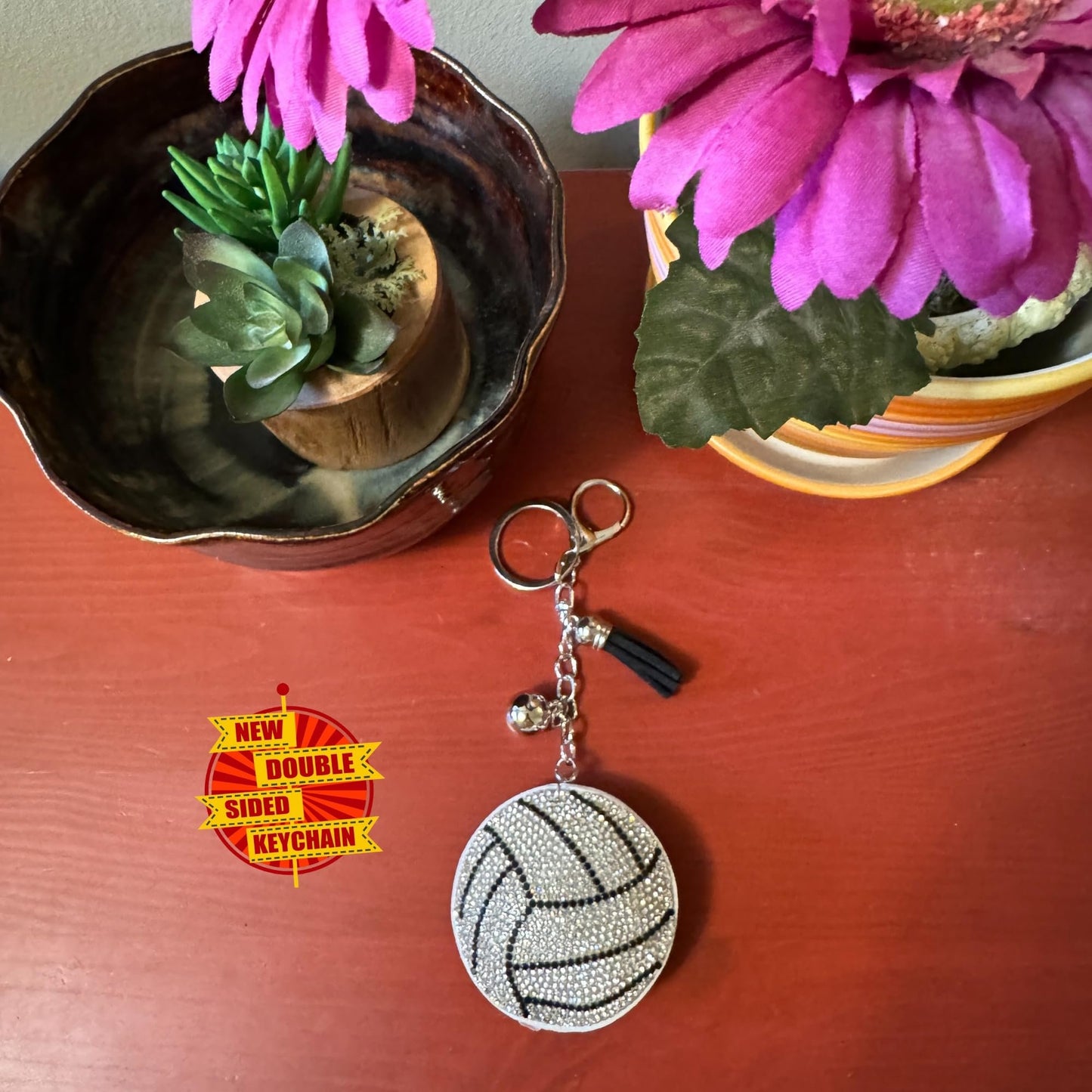 Popfizzy Bling Volleyball Keychain for Women and Girls, Purse Charm, Rhinestone Bag Charm, Volleyball Gifts, Double Sided