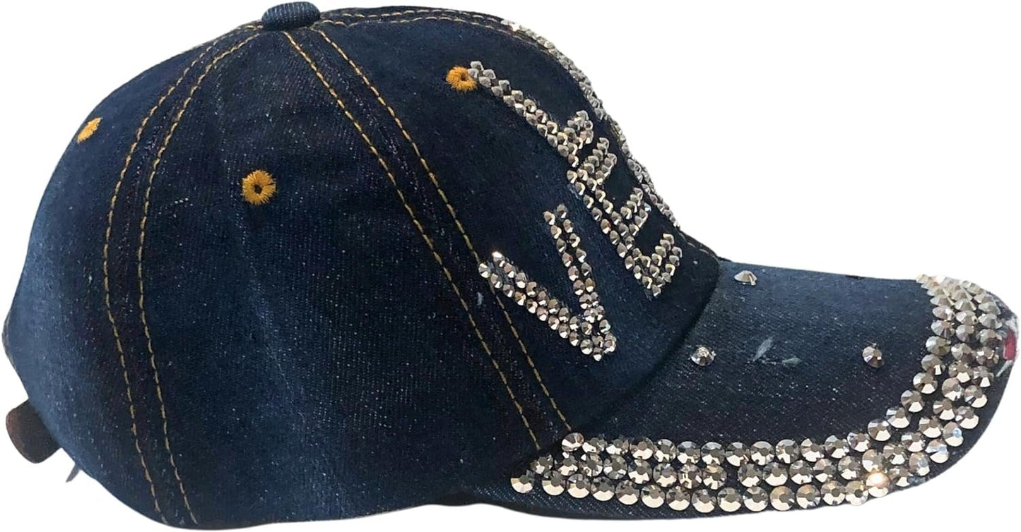 Popfizzy Las Vegas Hat for Women, Adult Distressed Bling Denim Blue Hat