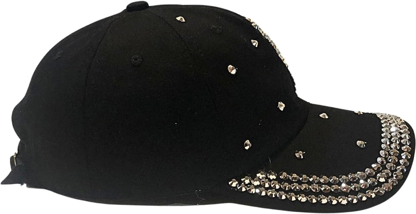Bling Pearl Heart Hat for Women, Adult Black Rhinestone Hat, Cotton