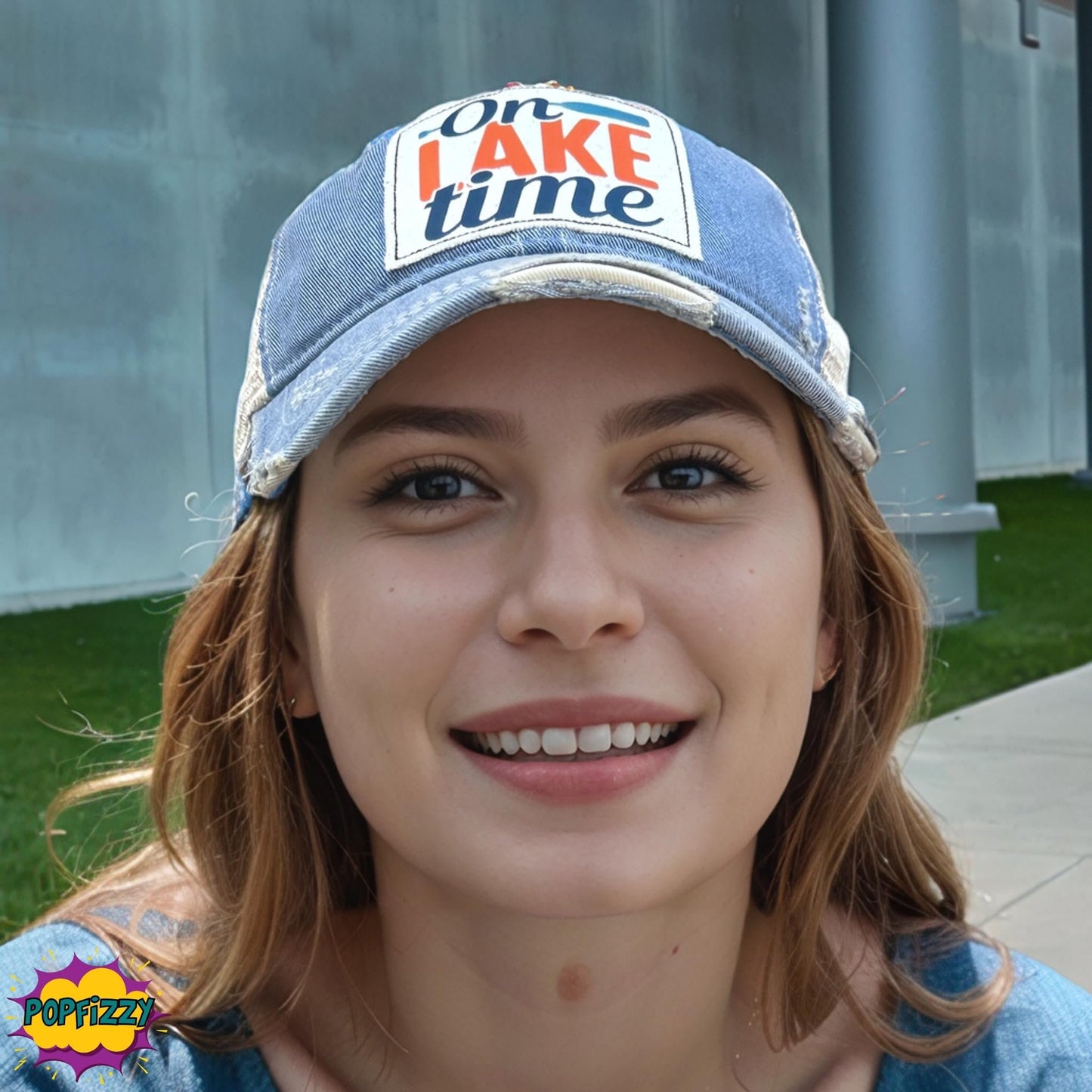 Popfizzy On Lake Time Hat, Funny Vintage Trucker Hat, Mesh Back Baseball Cap, Lake Life Gifts for Women and Men (Light Blue)