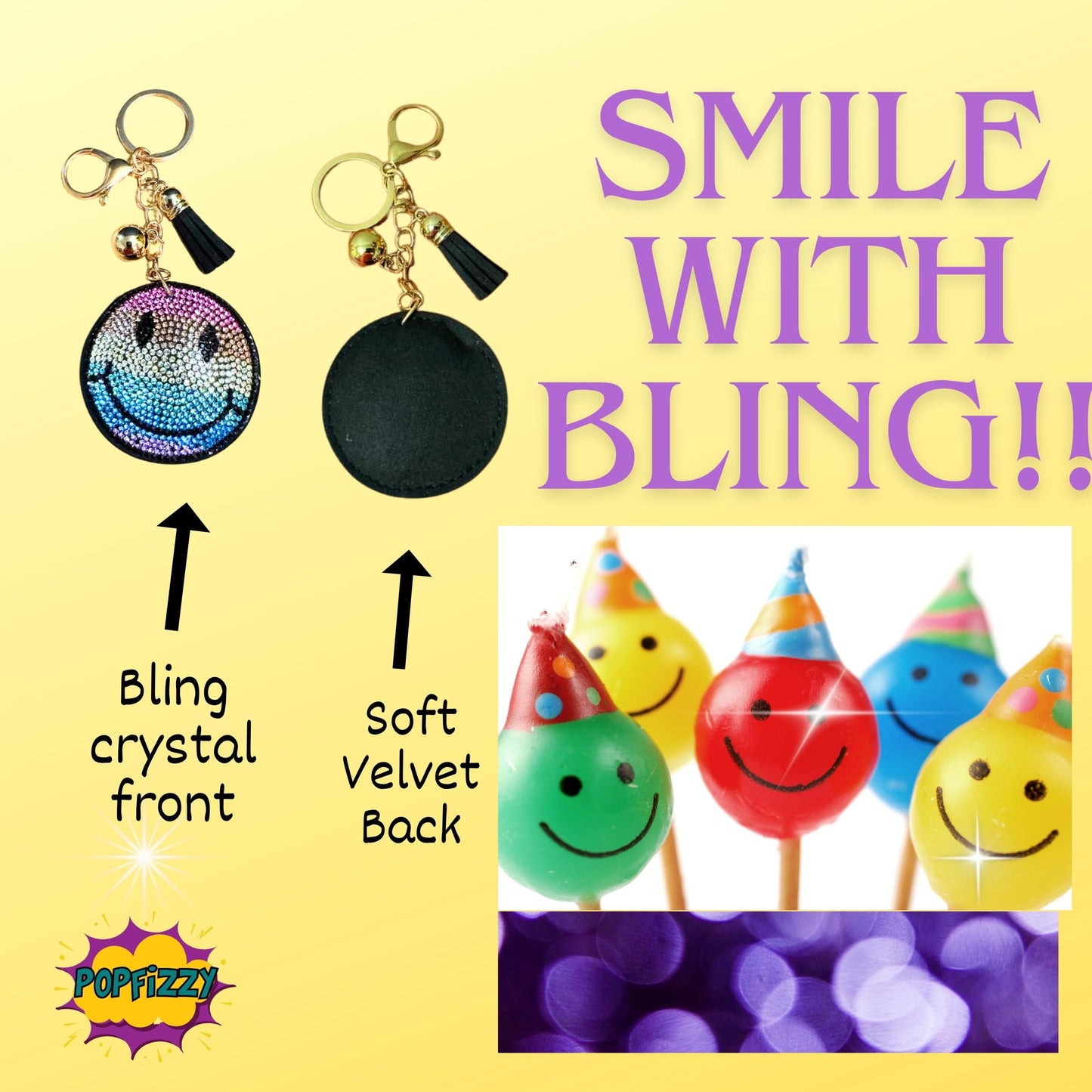 Popfizzy Rainbow Smiley Face Keychain Accessories for Women, Rhinestone Emoji Happy Face Keychains, Smiley Face Gifts