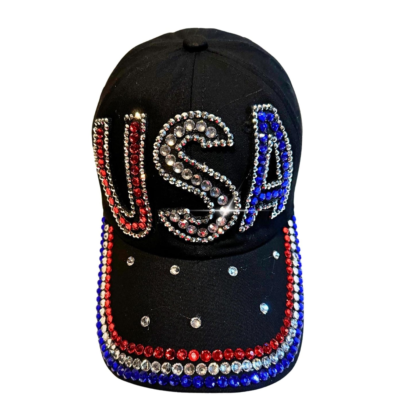 Popfizzy Rhinestone Baseball Cap for Women and Girls, Cute Bedazzled Hats, Shiny Bling Denim and Diamond Hat, USA Black