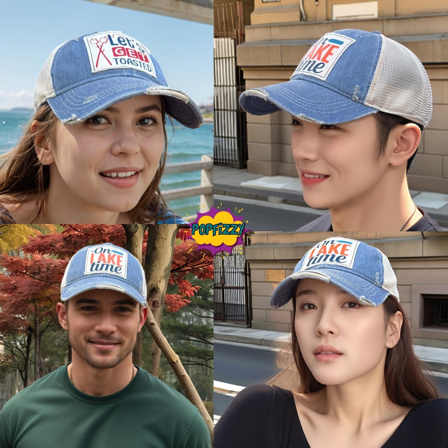 Popfizzy On Lake Time Hat, Funny Vintage Trucker Hat, Mesh Back Baseball Cap, Lake Life Gifts for Women and Men (Light Blue)