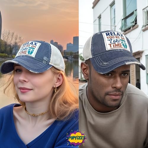 Popfizzy Relax You're on Lake Time Hat, Vintage Trucker Hat, Mesh Back Baseball Cap, Lake Life Gifts for Women and Men (Navy)