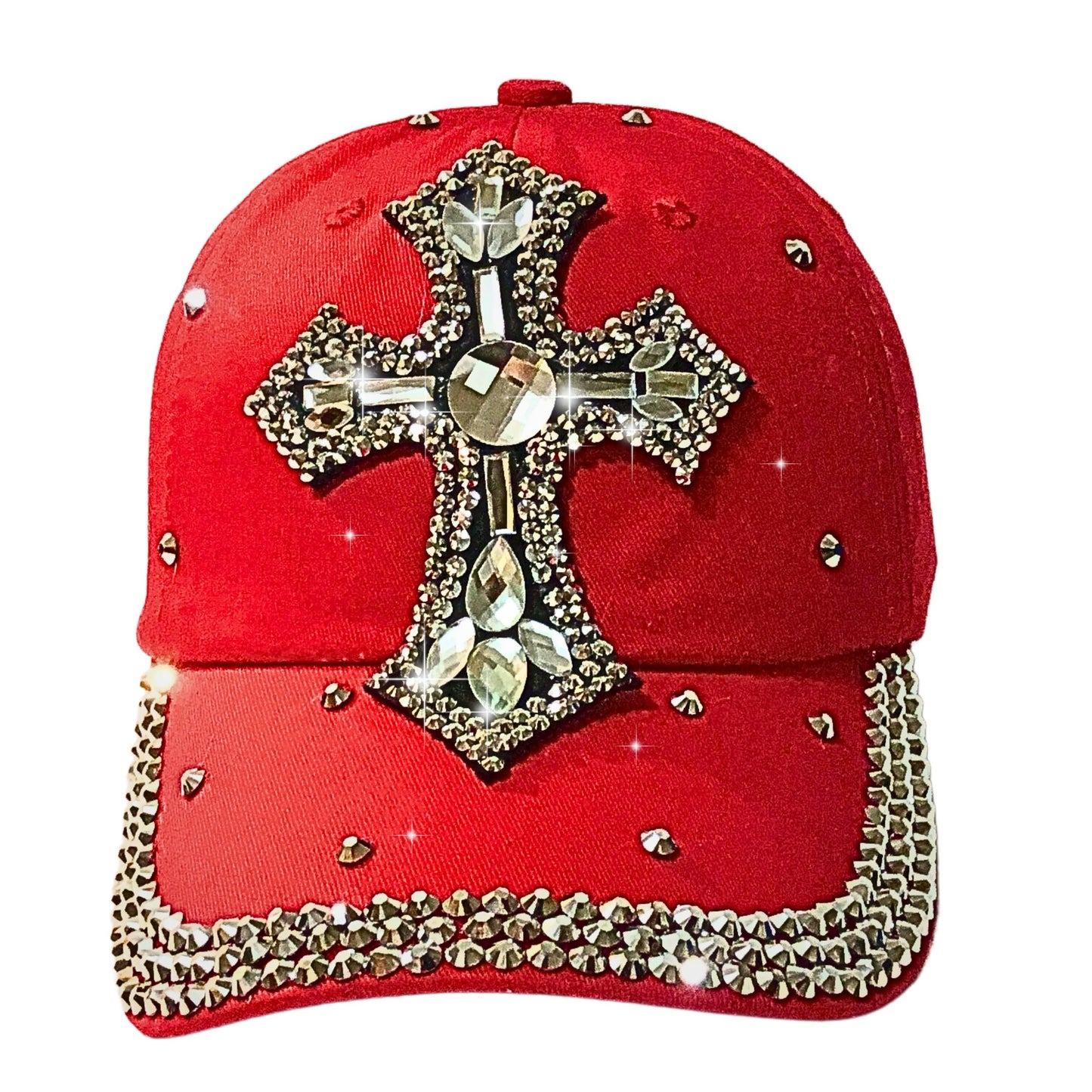 Popfizzy Bedazzled Cross Hat for Women, Rhinestone Hat with Cross on It, Bling Christian Hats, Bling Gifts for Women (Red)