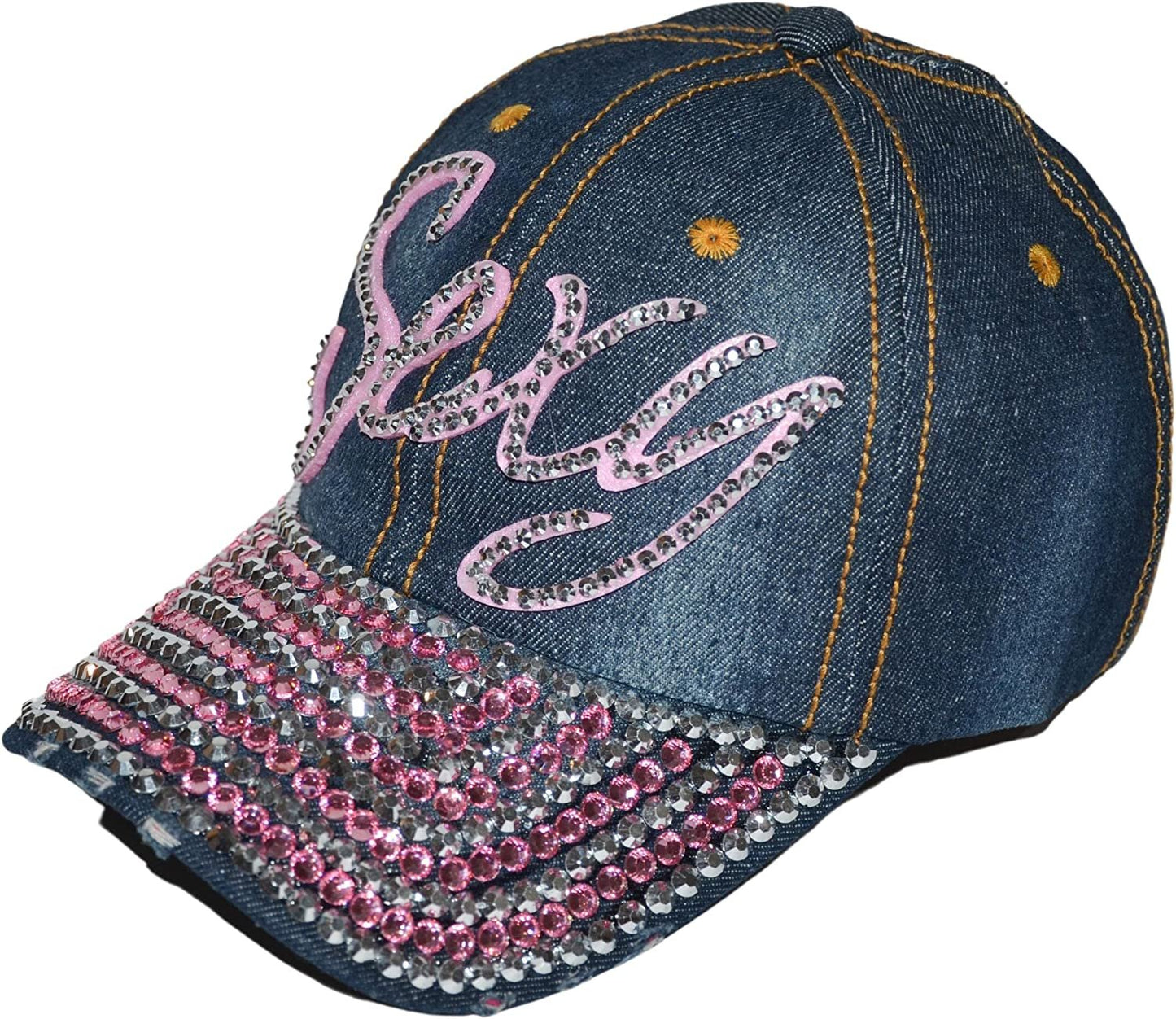Popfizzy Rhinestone Sexy Hat for Women, Bling Denim Baseball Cap with Words, Fancy Ballcap