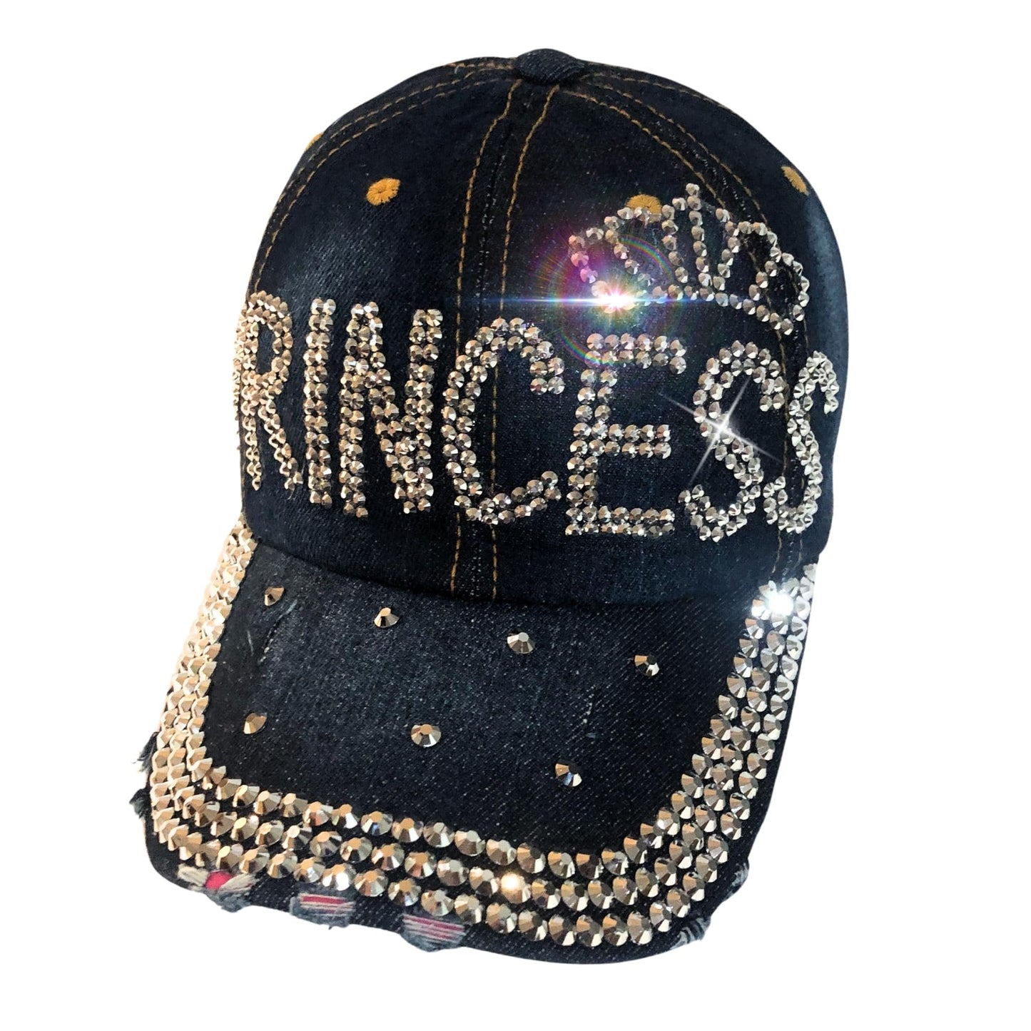 Bling Princess with Crown Rhinestone Hat for Women, Bedazzled Denim Blue, One Size Fits All