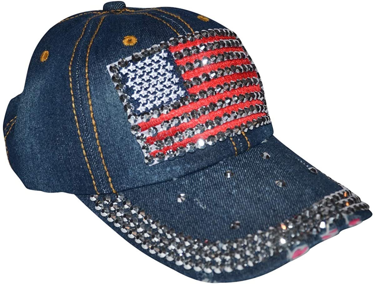 American Flag Hat Women’s Distressed Rhinestone Patriotic Baseball Cap