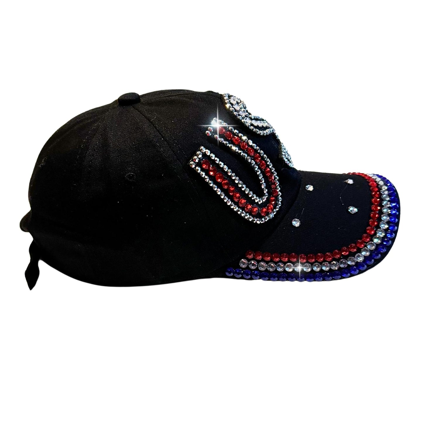 Popfizzy Rhinestone Baseball Cap for Women and Girls, Cute Bedazzled Hats, Shiny Bling Denim and Diamond Hat, USA Black