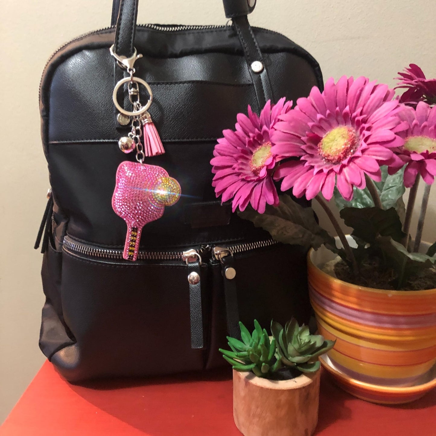 Popfizzy Pink Pickleball Keychain for Women, Rhinestone Purse Charm