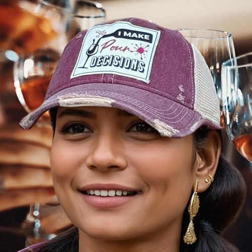Popfizzy Funny Vintage Trucker Hats for Wine Drinkers, Adult Humor Caps, Distressed Baseball Cap (I Make Pour Decisions)