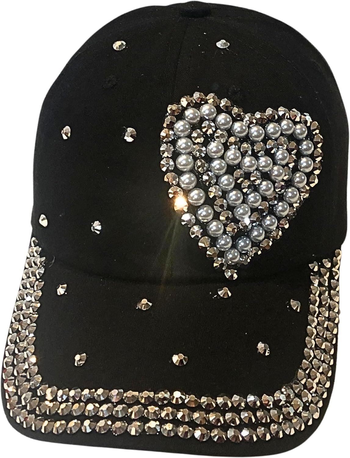 Bling Pearl Heart Hat for Women, Adult Black Rhinestone Hat, Cotton