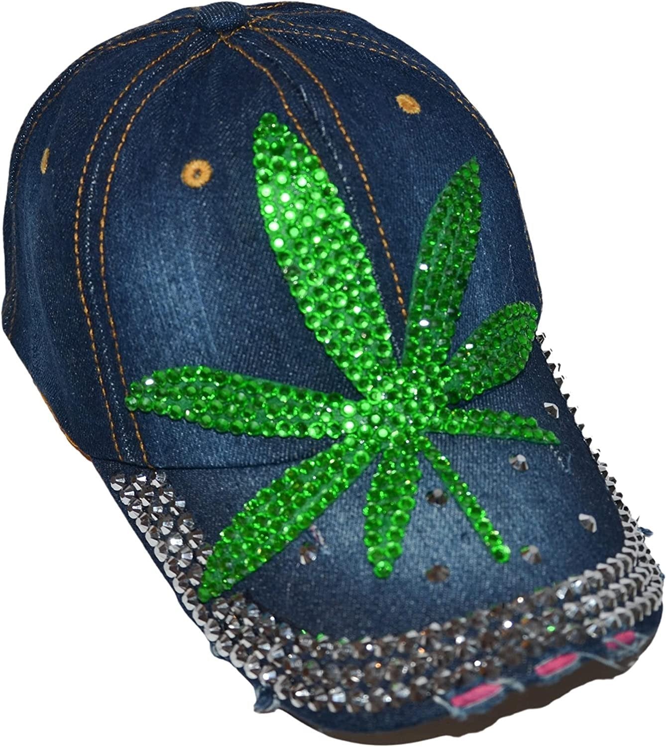Popfizzy Rhinestone Weed Hat, Women’s Bling Pot Leaf Hats, Marijuana Denim Baseball Caps, Cannabis Cap (Weed Leaf, Denim)