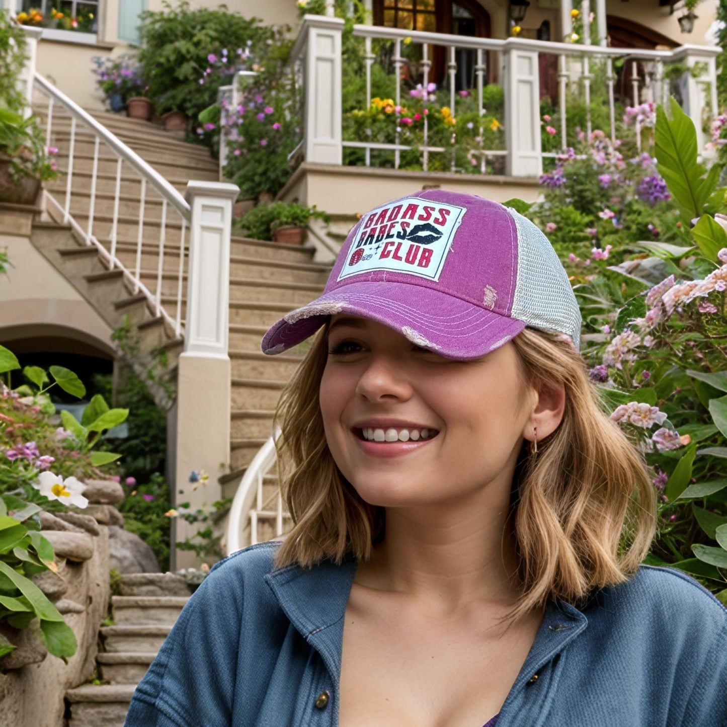 Popfizzy Badass Babes Club Funny Vintage Trucker Hats for Women, Adult Humor Cap, Distressed Baseball Cap (Badass Babes Club)