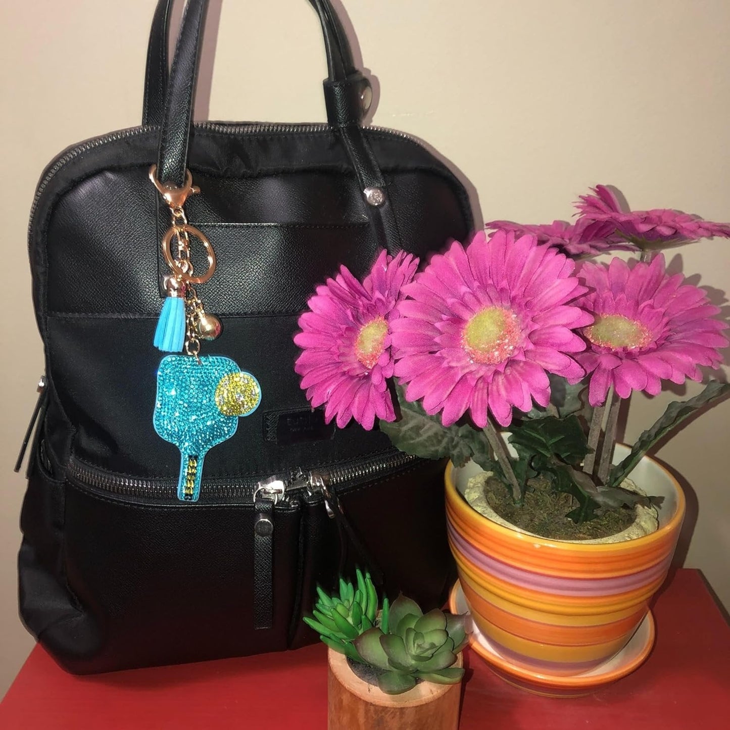 Popfizzy Blue Pickleball Keychain for Women, Rhinestone Purse Charm