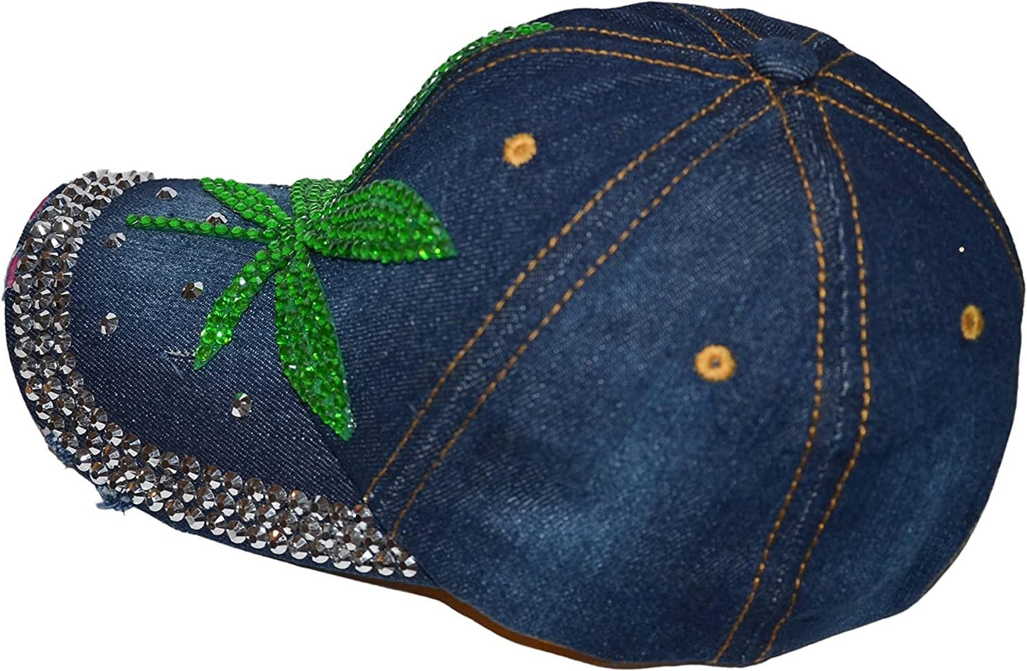 Popfizzy Rhinestone Weed Hat, Women’s Bling Pot Leaf Hats, Marijuana Denim Baseball Caps, Cannabis Cap (Weed Leaf, Denim)
