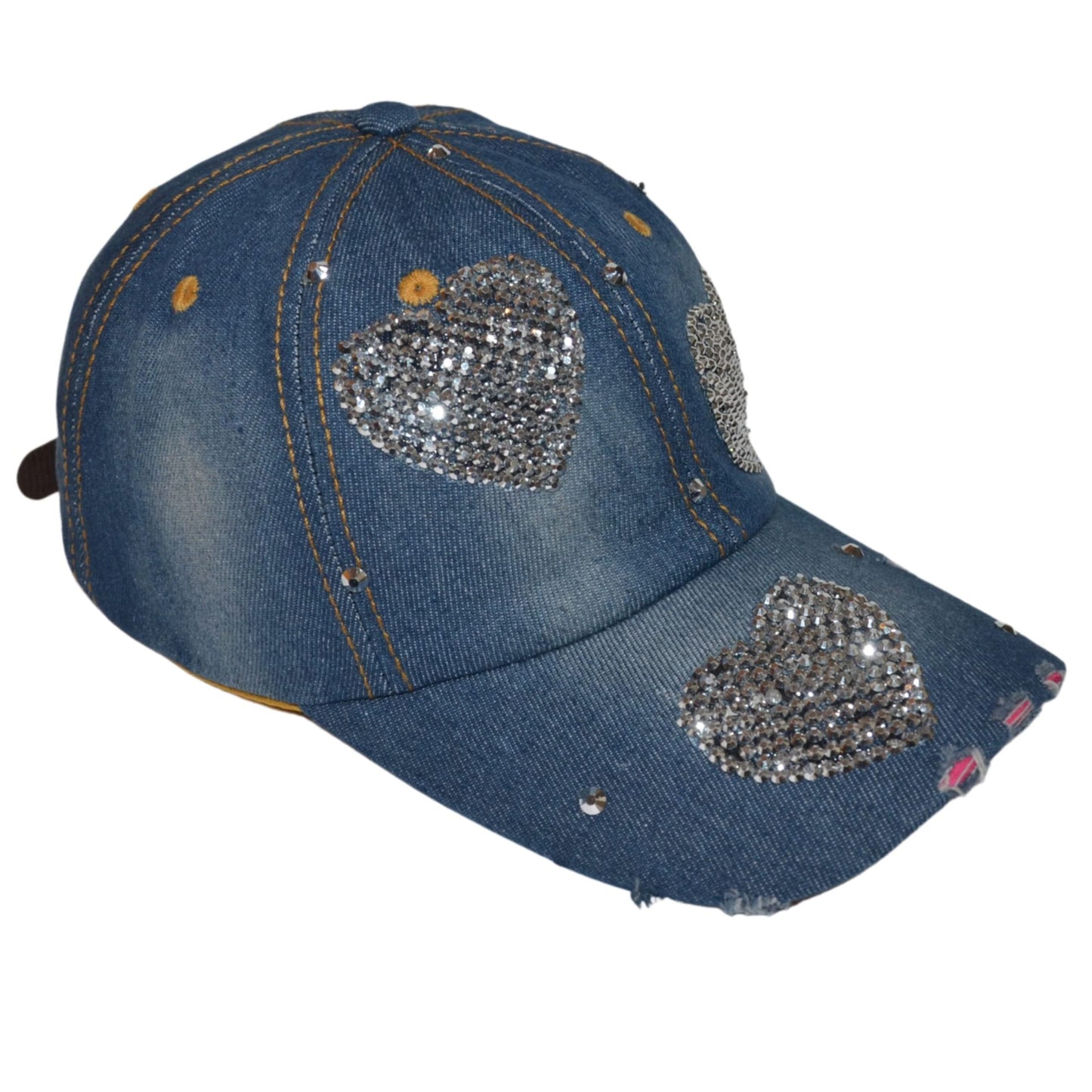 Popfizzy Bling Hat with Hearts for Women and Girls, Rhinestone Heart Hat, Bedazzled Baseball Caps, Fancy Bejeweled Hats, Distressed Denim Hat, Bling Gift for Women
