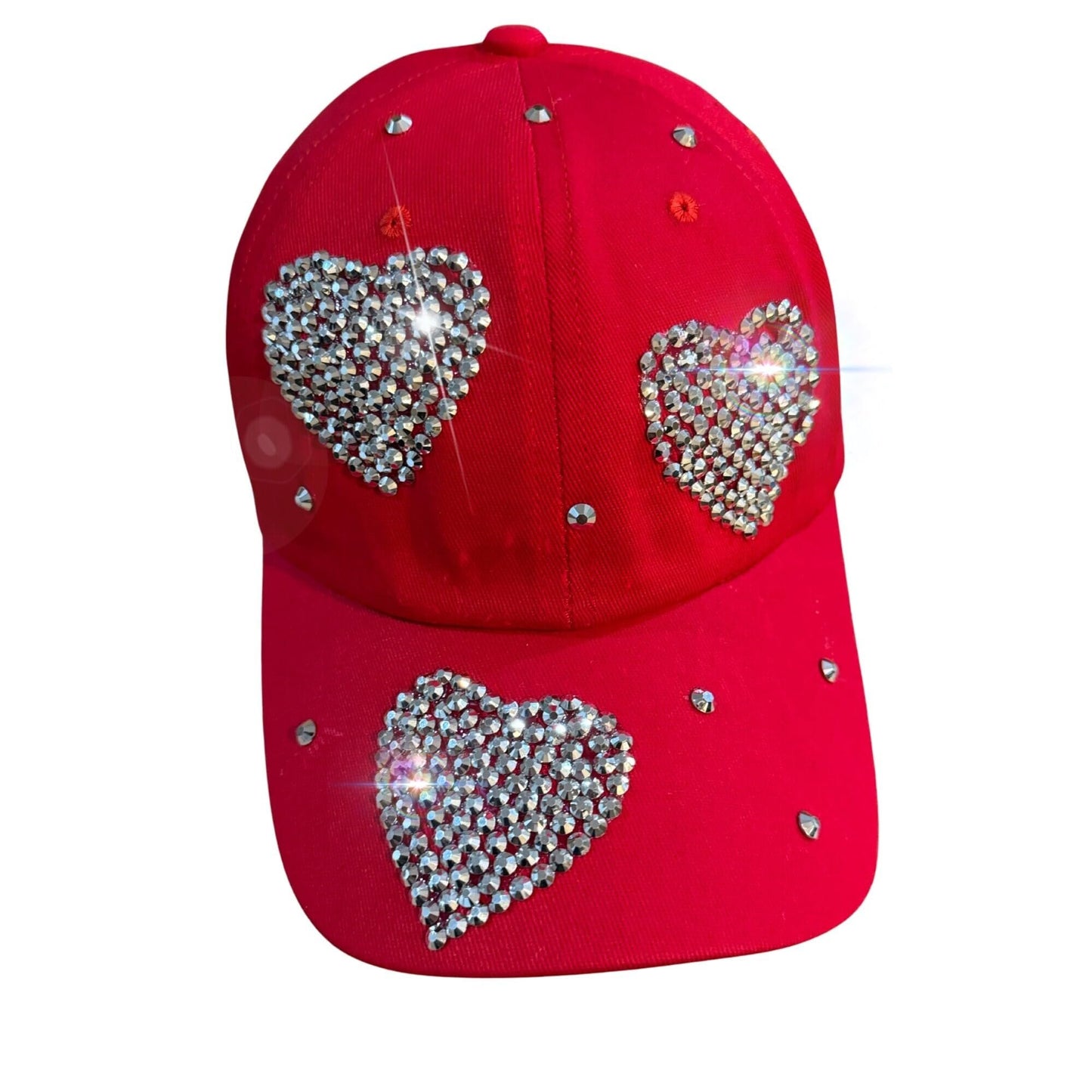 Popfizzy Rhinestone Baseball Cap for Women and Girls, Cute Bedazzled Hats, Shiny Bling Denim and Diamond Hat, Red Heart