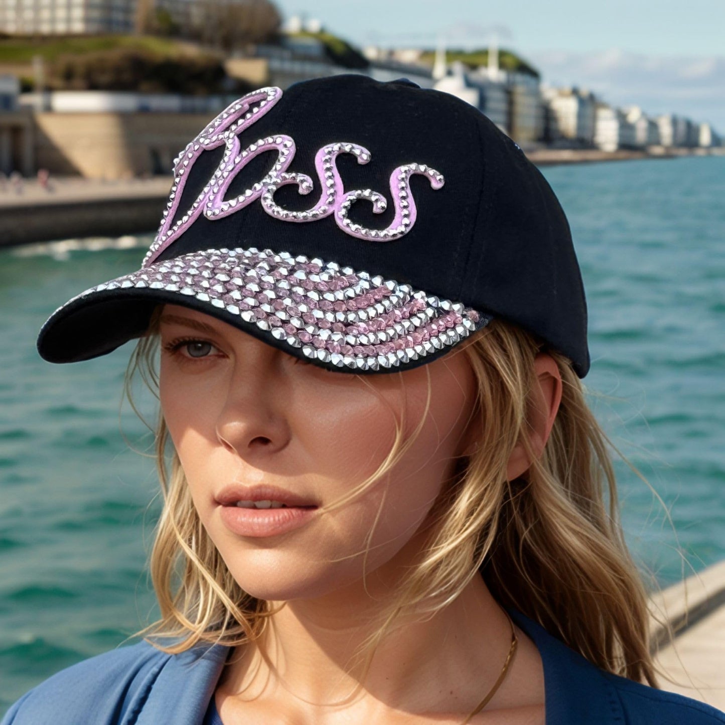 Popfizzy Rhinestone Boss Hat for Women, Bling Black Baseball Cap with Words, Female Boss Gift, Fancy Ballcap, One Size (Boss)