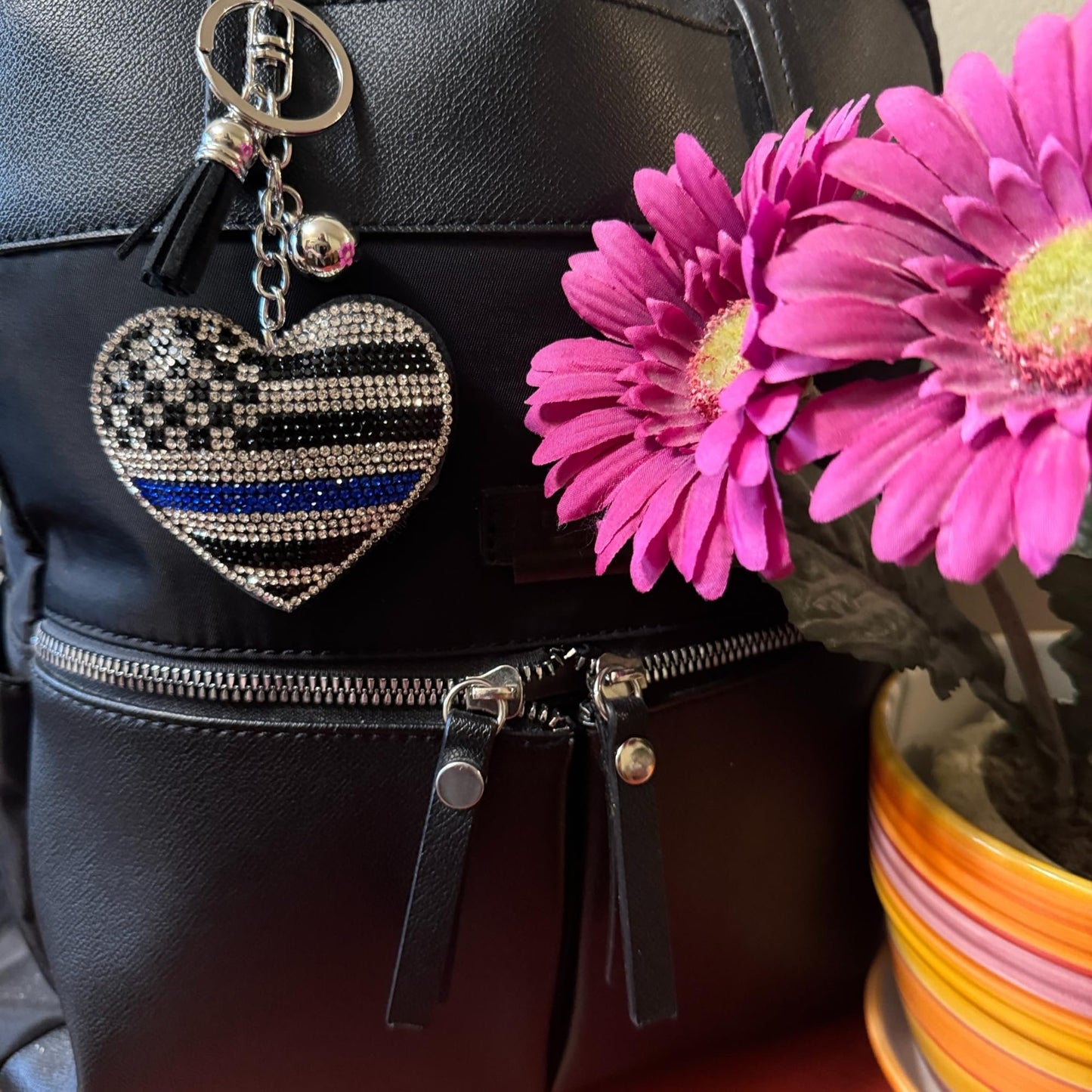 Popfizzy Police Keychain for Women and Girls, Thin Blue Line Backpack Key Chain, Purse Charm, Gifts for Police Officers Women