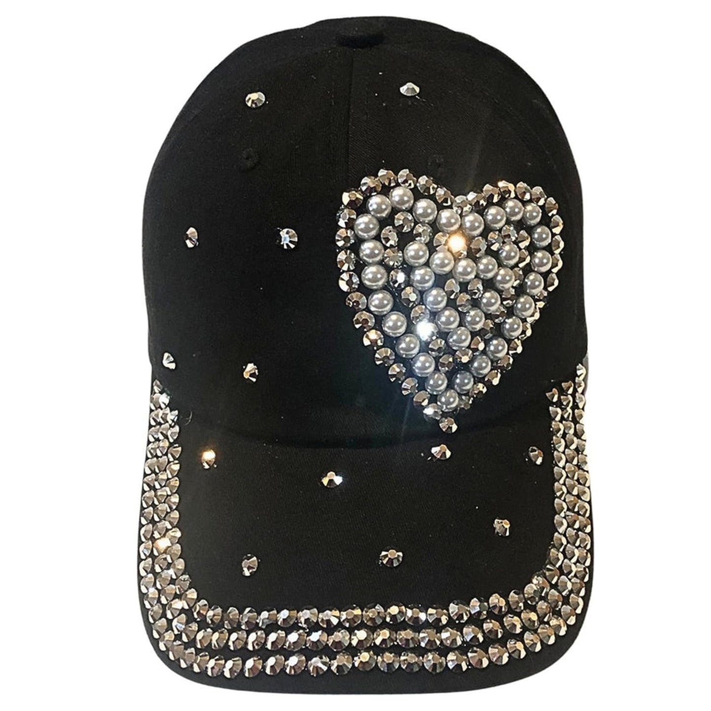 Bling Pearl Heart Hat for Women, Adult Black Rhinestone Hat, Cotton