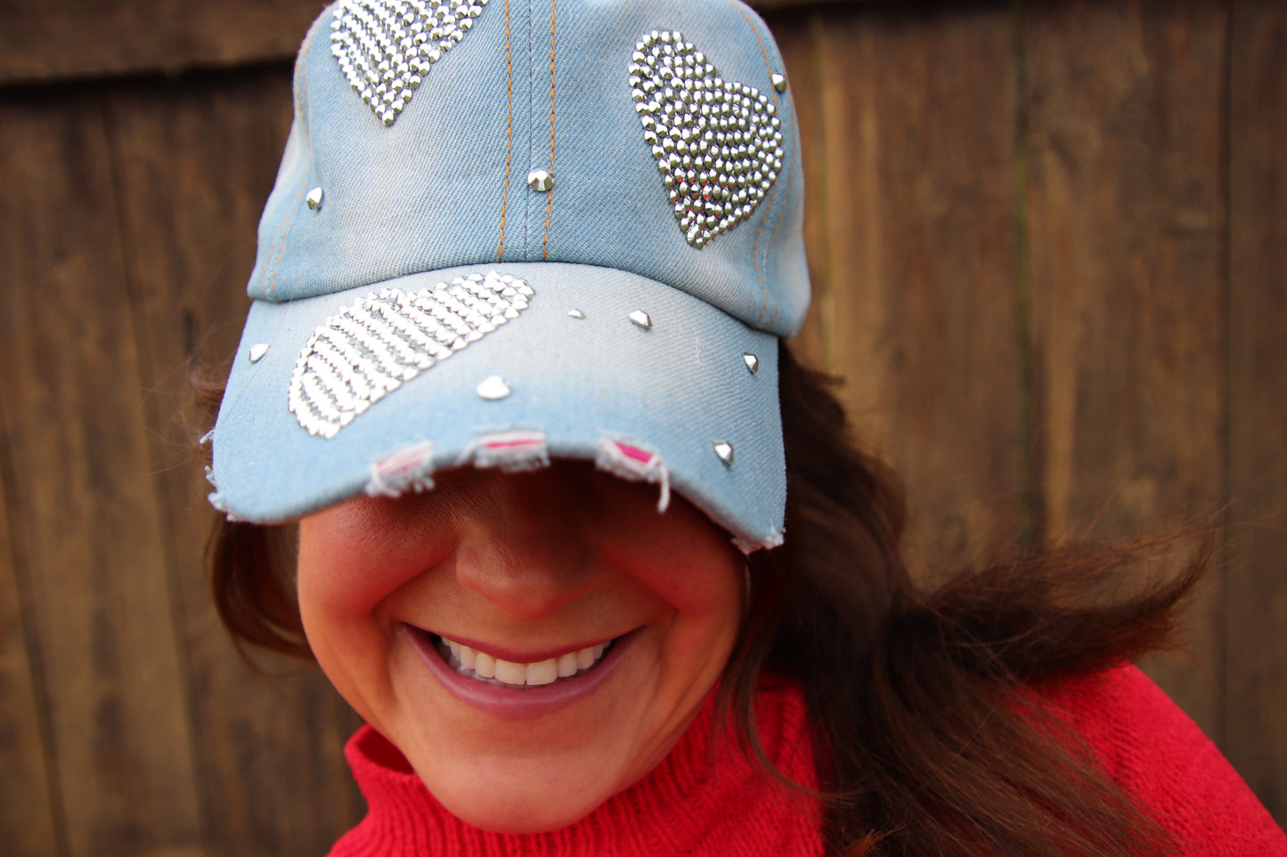 Heart Baseball Cap, Bling Caps for Women and Teenage Girls, Rhinestones Distressed Denim Trucker Hat, Bedazzled Love Cap, Best Friend Gift