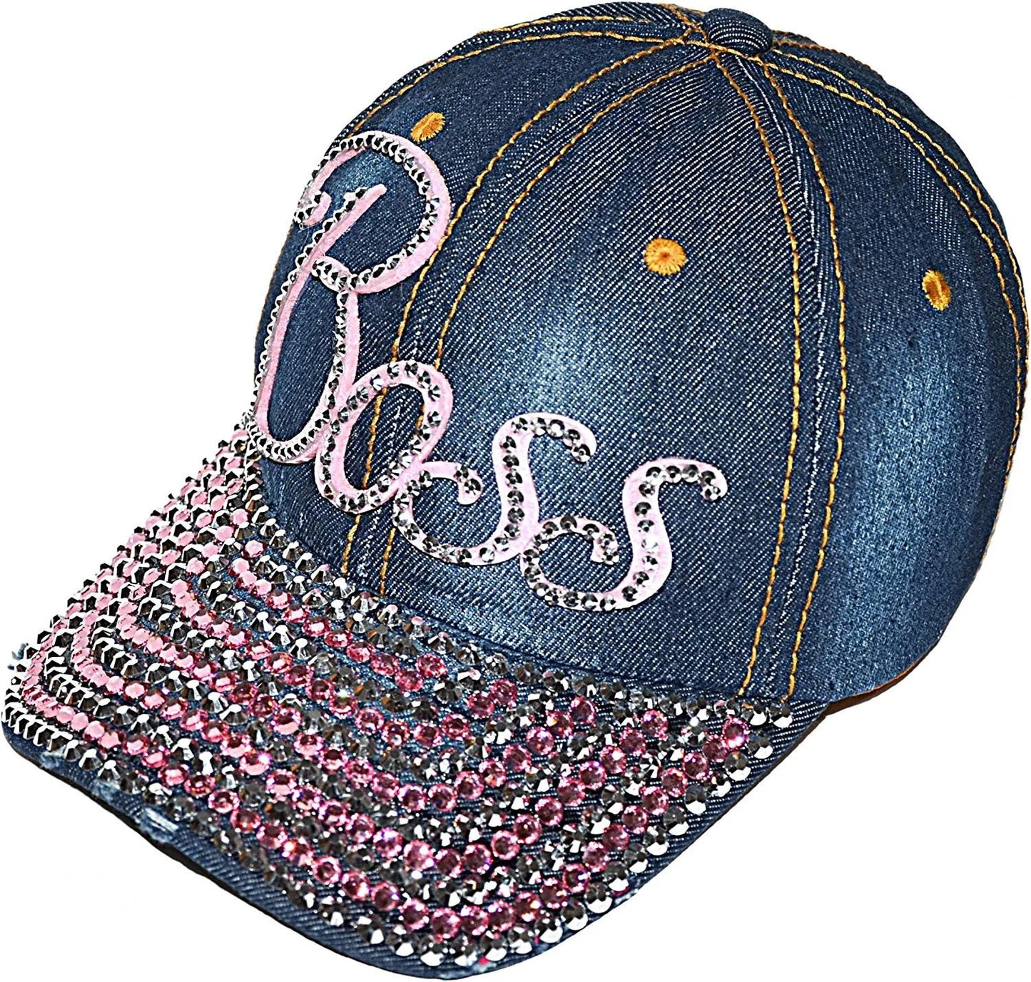 Bling Boss Rhinestone Denim Baseball Hat, Sassy Blue Distressed Cap for Women, Adult