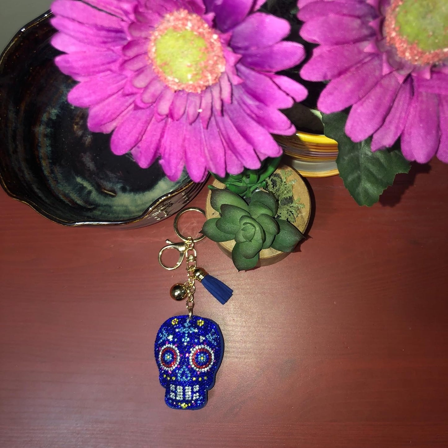 Popfizzy Rhinestone Blue Sugar Skull Keychain for Women and Girls, Bling Sugar Skull Gifts
