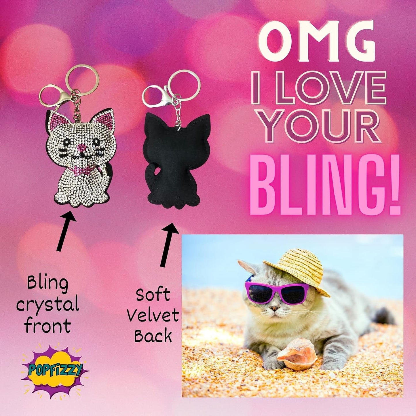 Popfizzy Pink Rhinestone Cat Keychain Accessories for Women, Cat Gifts, Purse Charms for Handbags, Bling Cat Backpack CharmsHandbags
