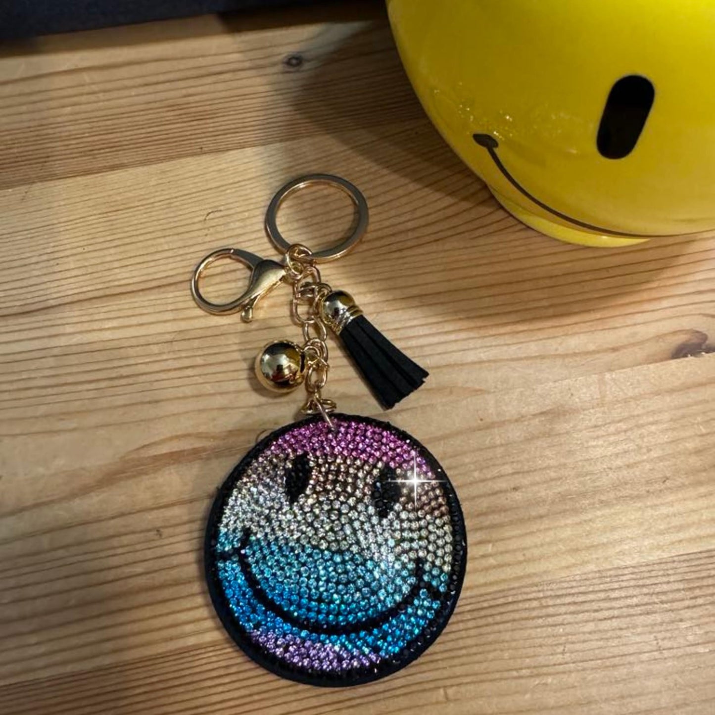 Popfizzy Rainbow Smiley Face Keychain Accessories for Women, Rhinestone Emoji Happy Face Keychains, Smiley Face Gifts