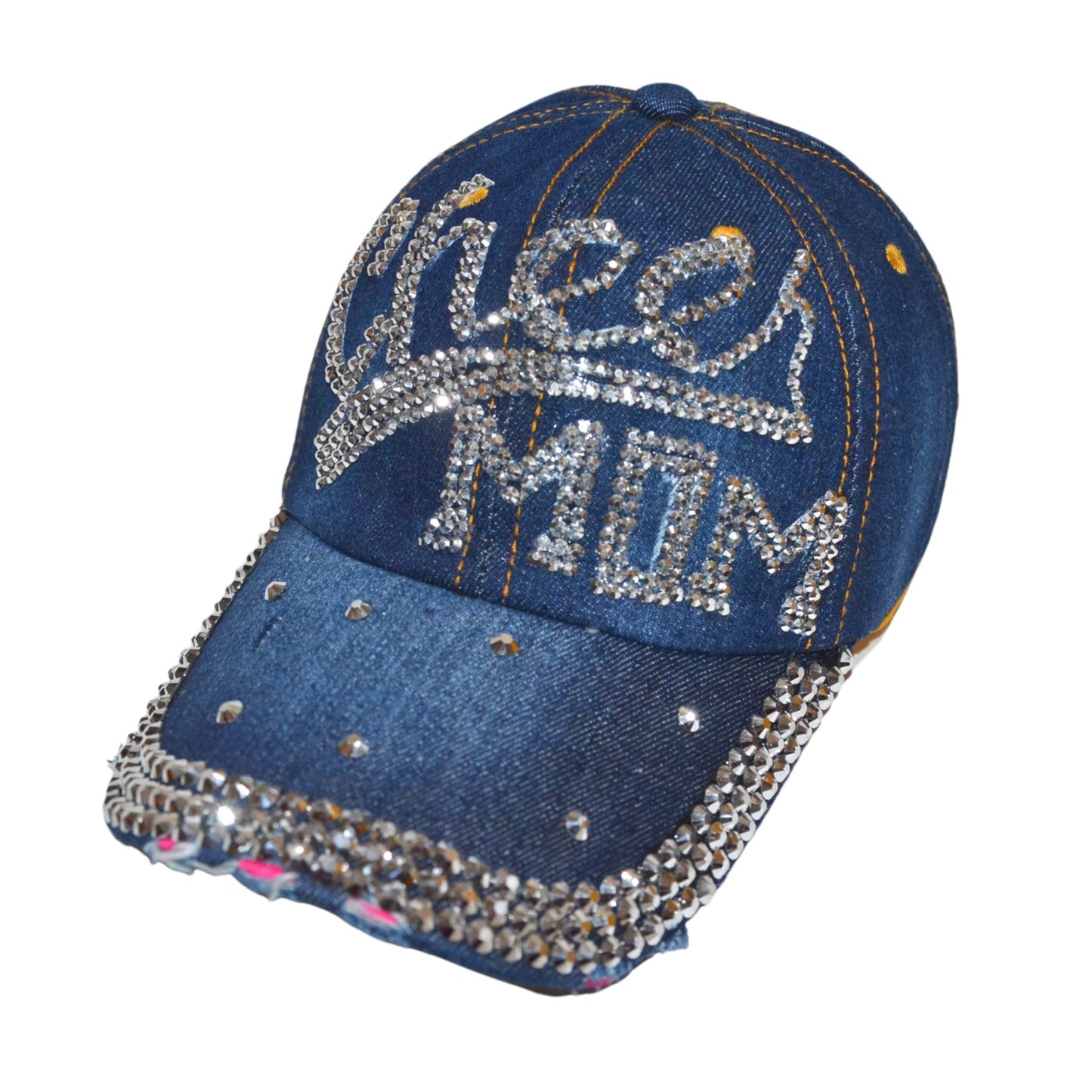 Popfizzy Women’s Cheer Mom Hat, Bling Blue Denim Adult Baseball Hat