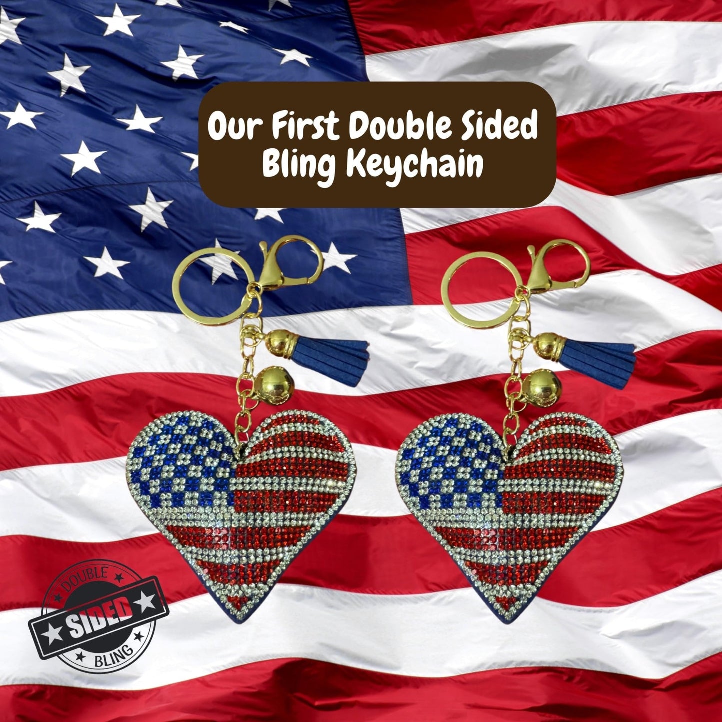 Popfizzy Bling American Flag Keychain for Women and Girls, Purse Charm, Heart Bag Charm, American Flag Gifts, Double Sided