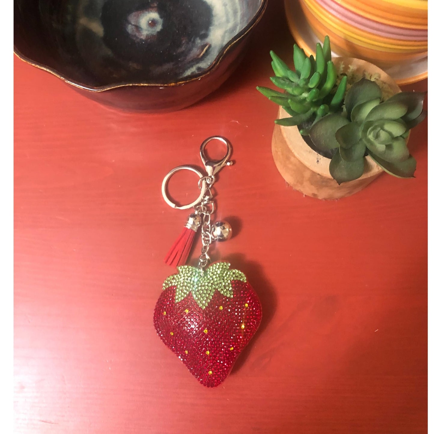 Popfizzy Red Strawberry Keychain for Women and Girls, Bling Backpack Keyrings, Fun Purse Charm, Rhinestone Strawberry Gifts