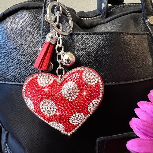 Popfizzy Red Heart Keychains for Women and Girls, Bedazzled Polka Dot Purse Charm, Bling Backpack Accessories, Heart Gifts