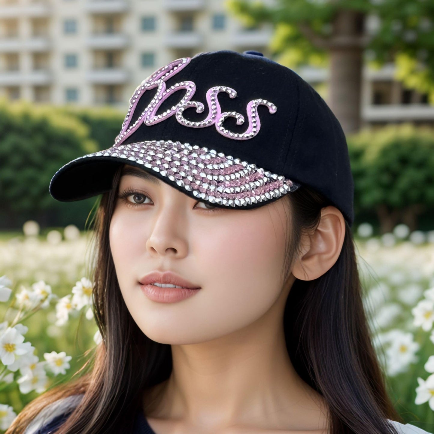 Popfizzy Rhinestone Boss Hat for Women, Bling Black Baseball Cap with Words, Female Boss Gift, Fancy Ballcap, One Size (Boss)