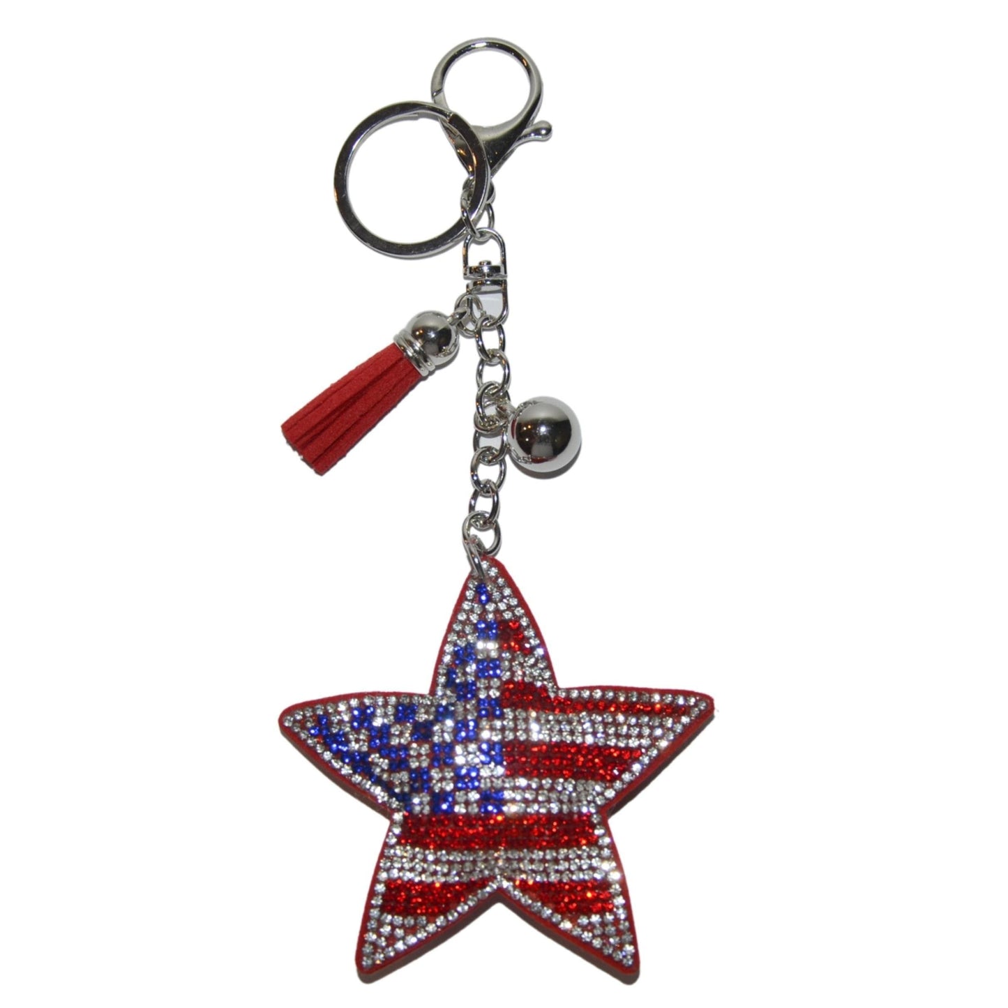 Popfizzy American Flag Star Keychain, Bling Patriotic Backpack Charm, Rhinestone Bag Charms, Keyring Key Fob