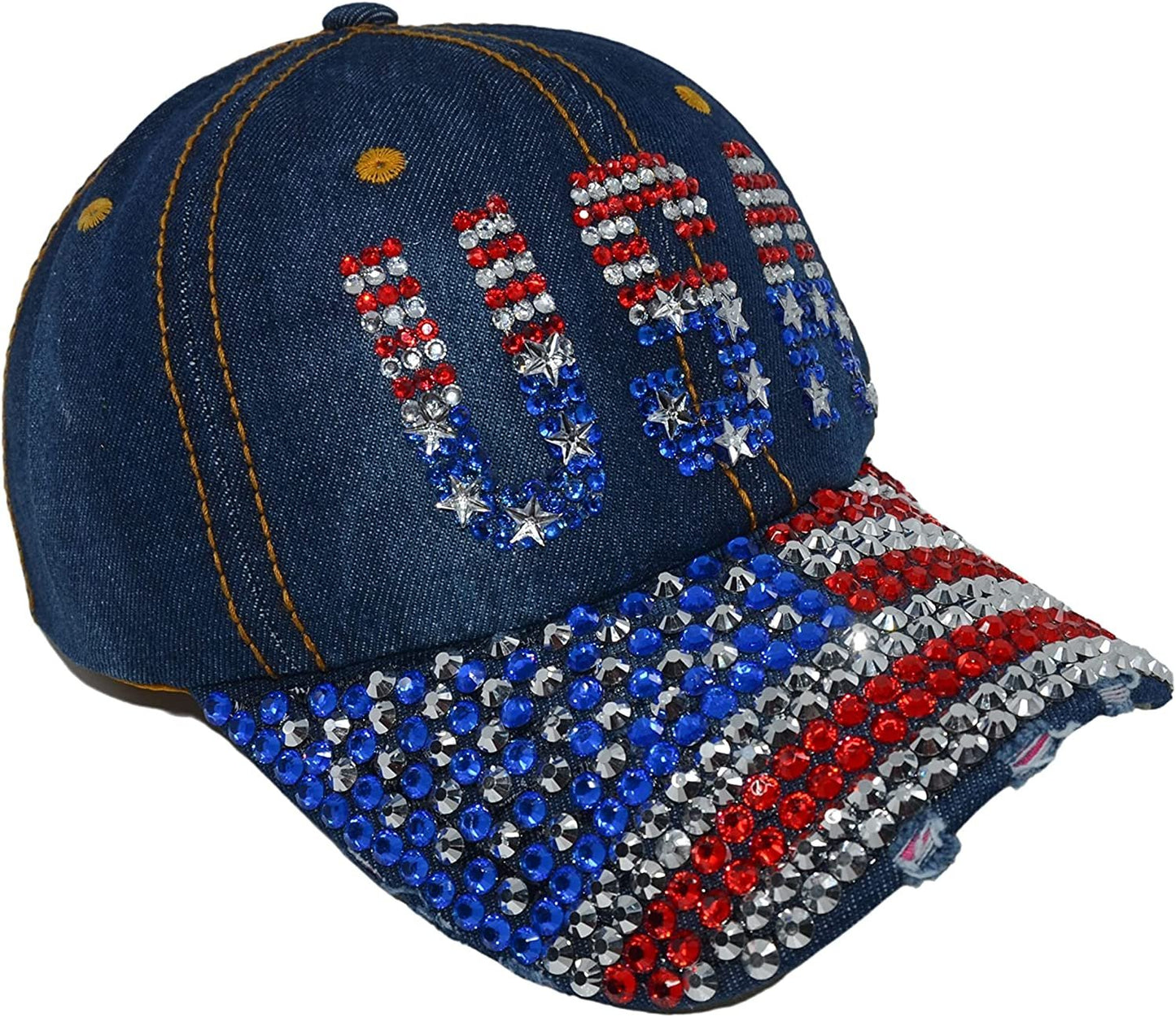 Popfizzy USA Women’s American Flag Baseball Cap Bling Rhinestone Trucker Hat