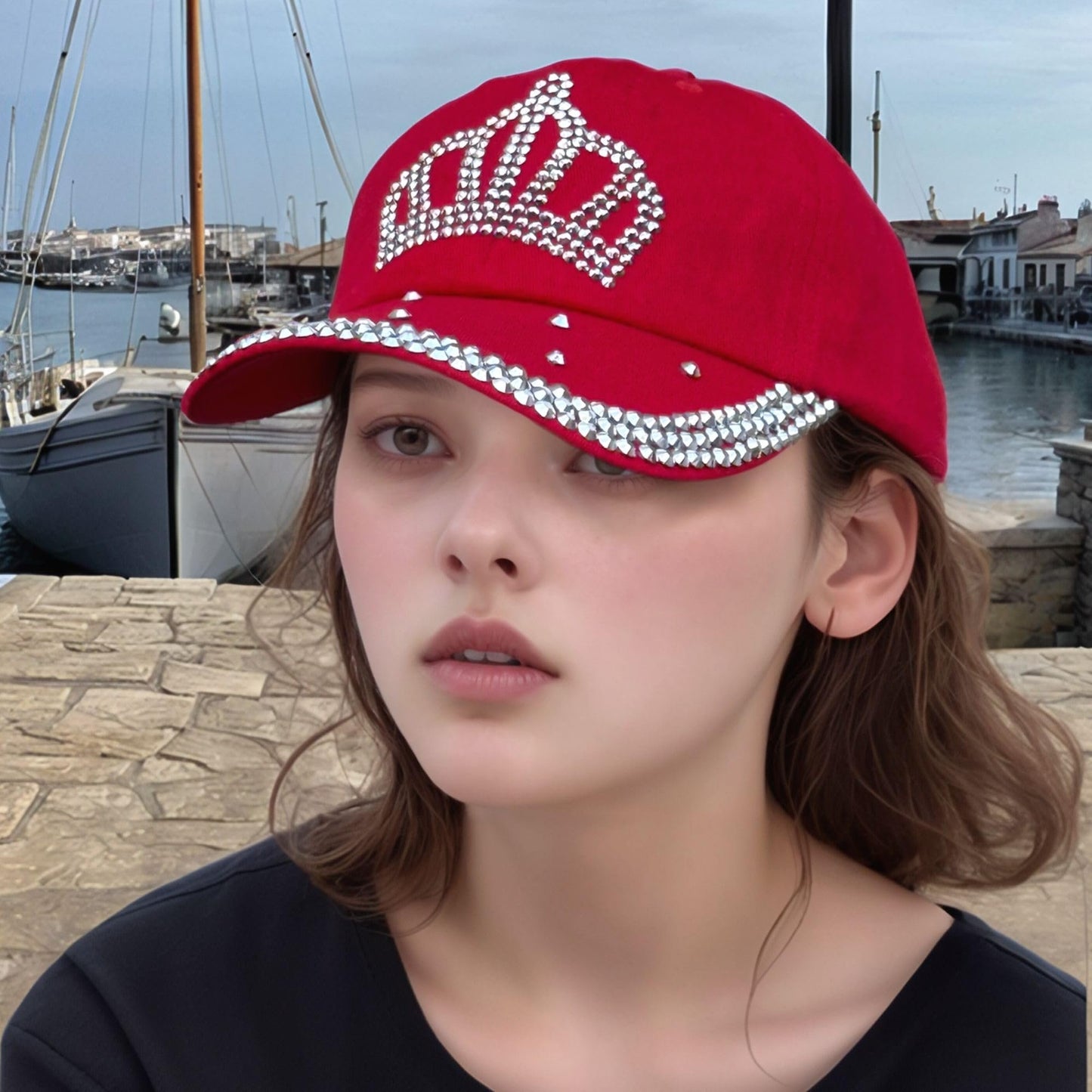 Red Rhinestone Princess Crown Hat, Sparkly Adjustable Baseball Cap for Women and Girls