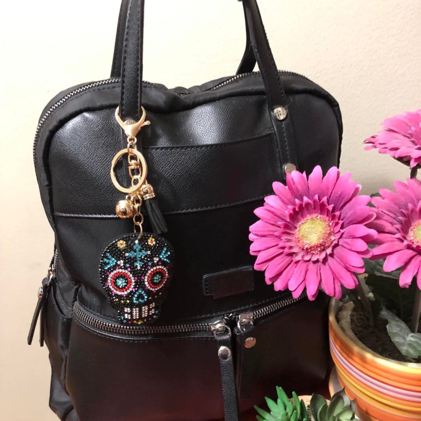 Popfizzy Bling Sugar Skull Keychain for Women and Girls, Rhinestone Purse Charms for Handbags, Sugar Skull Gifts for Women, Gifts for Her, Crystal Bag Charm