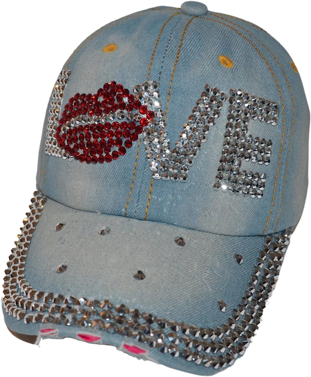 Popfizzy Womens Bling Cap, Bejeweled Rhinestone Baseball Cap, Distressed Denim Hat for Women, Bling Gifts for Women